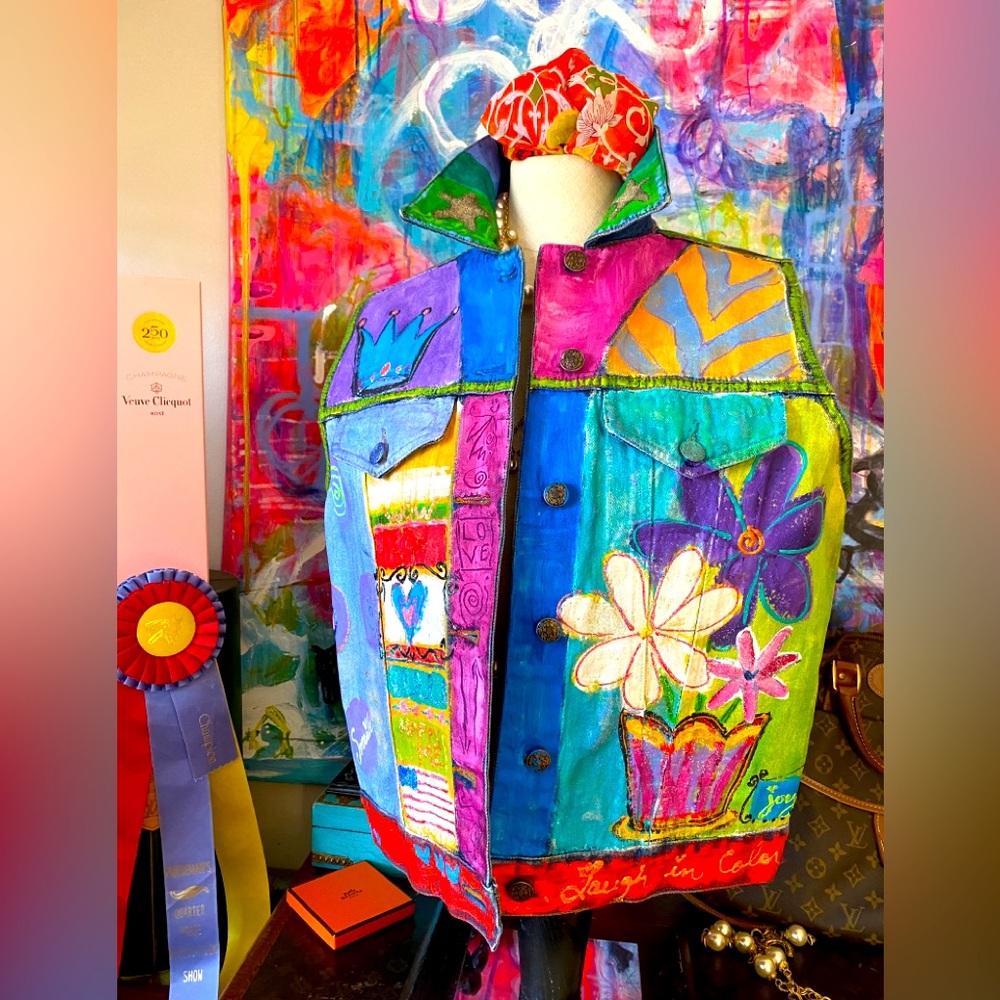 Laugh in Color Studio -me 😊 Wearable Art Colorful Hand-painted Denim Jean Vest 💖